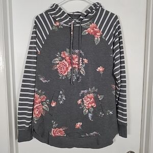 Maurices Women's M Gray Floral Long Sleeve Hoodie Sweatshirt Pullover
